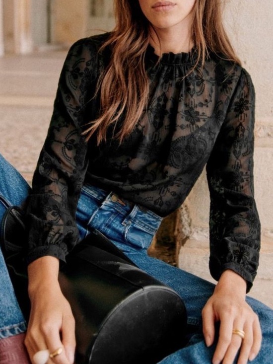 Sezane Tops - SEZANE Black Sheer Floral Embroidered Ruffle High Neck Valentine Blouse Top